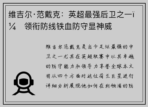 维吉尔·范戴克：英超最强后卫之一，领衔防线铁血防守显神威